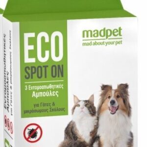 3 αμπούλες ECO SPOT ON για μικρόσωμους σκύλους και γάτες - Το MadPet Eco spot on είναι ένα οικολογικό εντομοαπωθητικό Spot on (ψύλλοι, τσιμπούρια, σκνίπες & κουνούπια), ατοξικό και φιλικό προς το περιβάλλον.