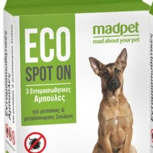 Το MadPet 3 Αμπούλες ECO SPOT ON για μεγαλόσωμους σκύλους είναι ένα οικολογικό εντομοαπωθητικό Spot on (ψύλλοι, τσιμπούρια, σκνίπες & κουνούπια), ατοξικό και φιλικό προς το περιβάλλον.