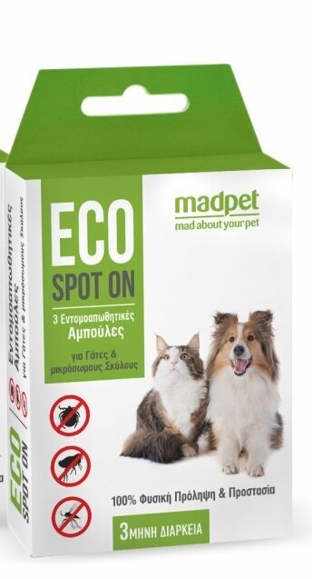 3 αμπούλες ECO SPOT ON για μικρόσωμους σκύλους και γάτες - Το MadPet Eco spot on είναι ένα οικολογικό εντομοαπωθητικό Spot on (ψύλλοι, τσιμπούρια, σκνίπες & κουνούπια), ατοξικό και φιλικό προς το περιβάλλον.